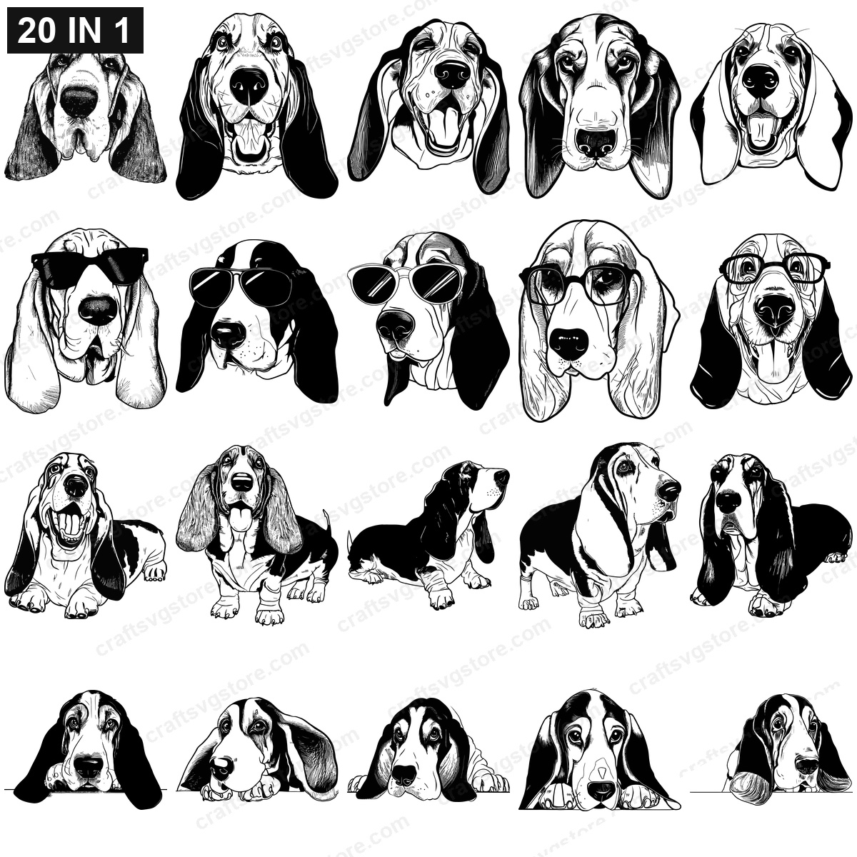Basset Hound SVG bundle preview - all Basset Hound dog cut file designs included