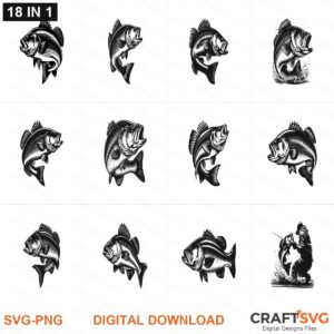 Bassfish SVG | Bassfish PNG | Bassfish SVG Bundle | 18 Digital Download Designs for Cricut and Silhouette | Commercial Use