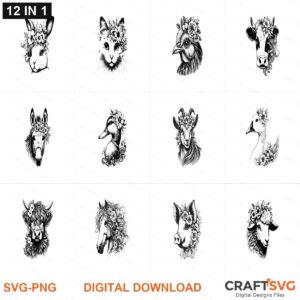Floral Farm Animals SVG | Floral Farm Animals PNG | Floral Farm Animals SVG Bundle | Digital Download Designs for Cricut and Silhouette | Commercial Use