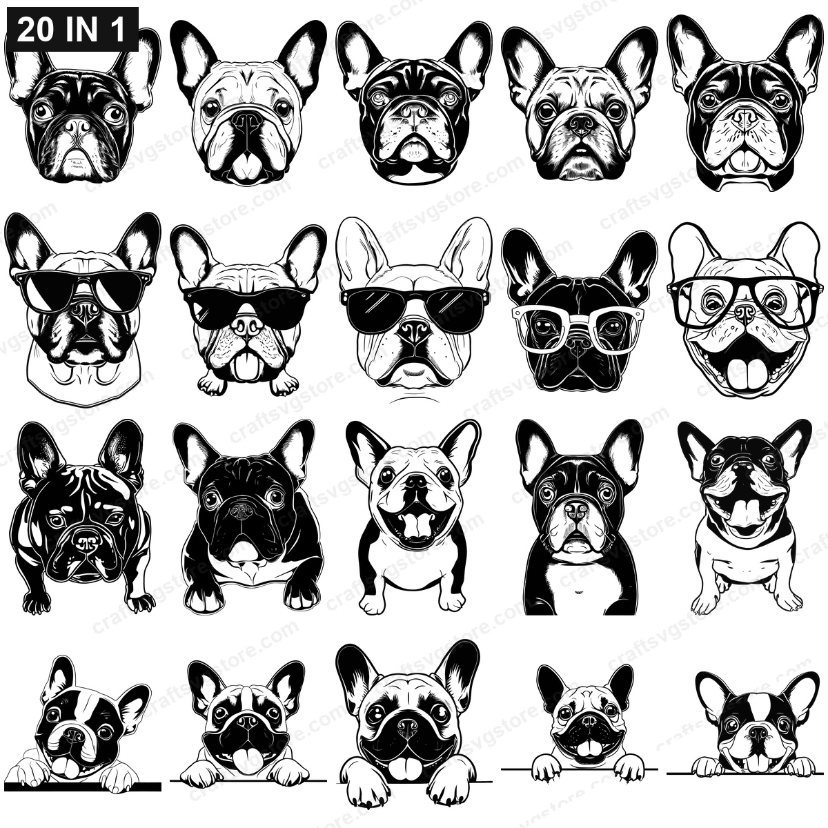 French Bulldog SVG bundle preview - all French Bulldog dog cut file designs included