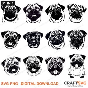 Pug SVG bundle - Pug dog designs for Cricut and Silhouette, instant digital download