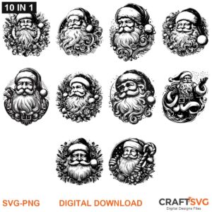 Santa Face SVG PNG bundle - Santa Face designs for Cricut and Silhouette, instant digital download