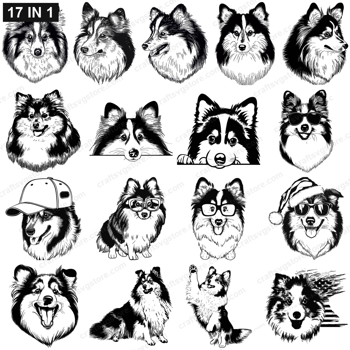 Shetland Sheepdog SVG bundle preview - all Shetland Sheepdog dog cut file designs included