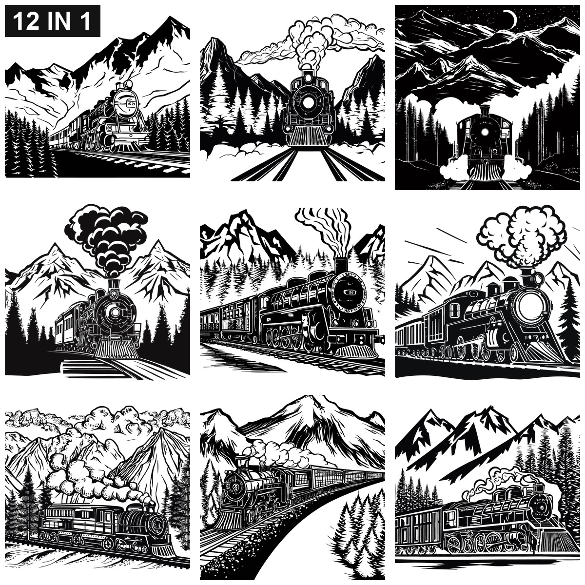 Steam Train SVG bundle preview - all Steam Train cut file designs included for Cricut and Silhouette