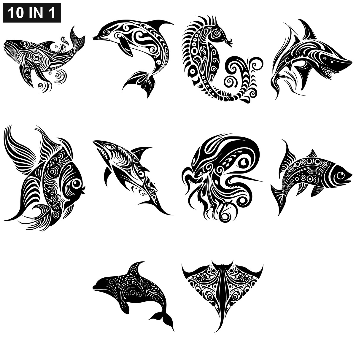 Tribal Sea Animal SVG bundle preview - all Tribal Sea Animal cut file designs included for Cricut and Silhouette