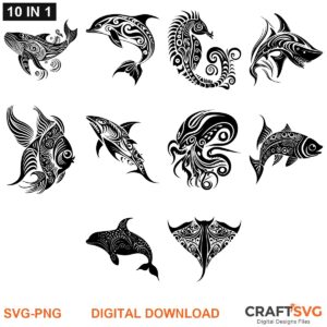 Tribal Sea Animal SVG PNG bundle - Tribal Sea Animal designs for Cricut and Silhouette, instant digital download