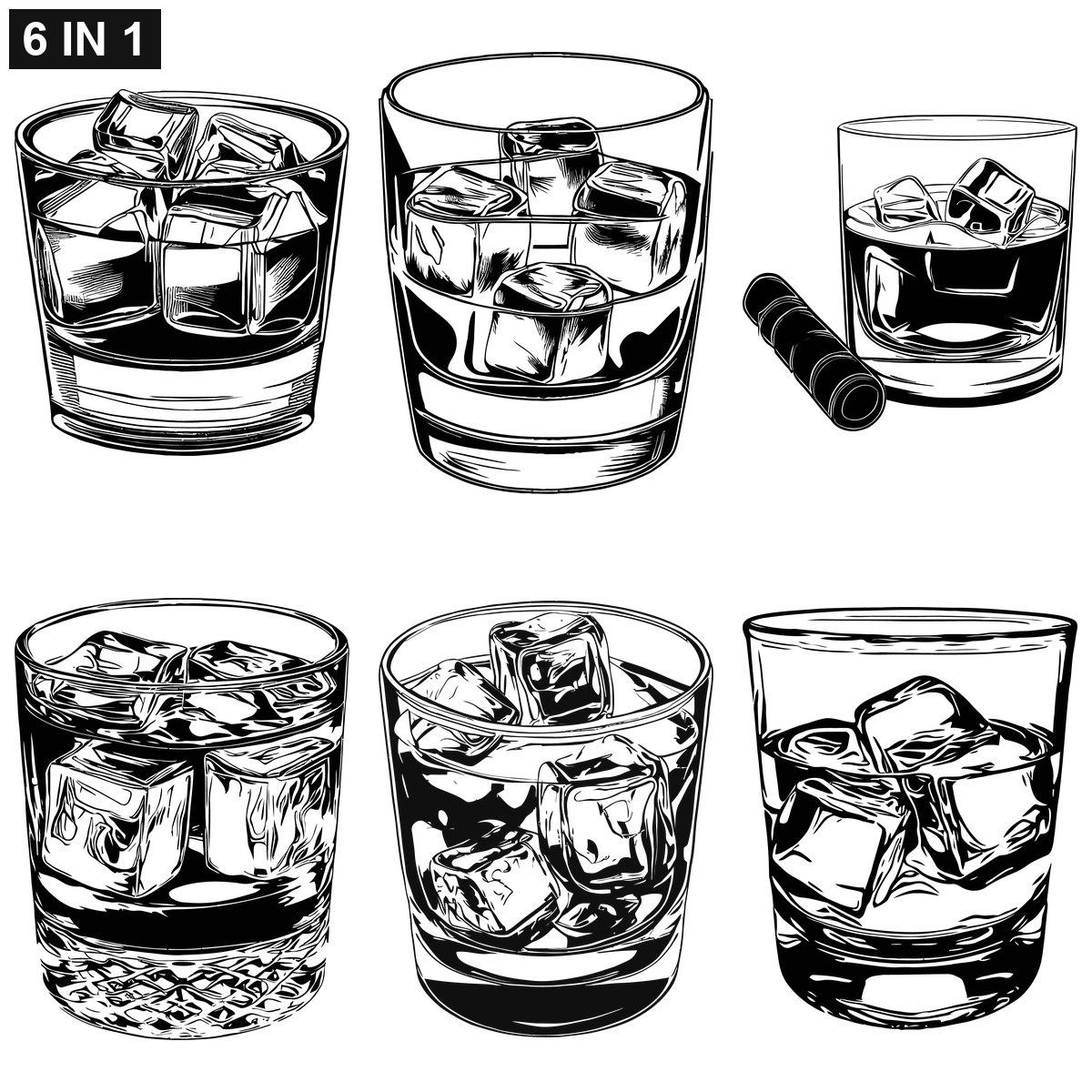 Whiskey Glass With Ice SVG bundle preview - all Whiskey Glass With Ice cut file designs included for Cricut and Silhouette